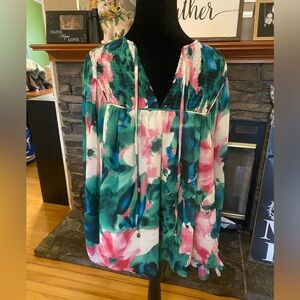 Entro Watercolor Floral Smocked Peasant Top